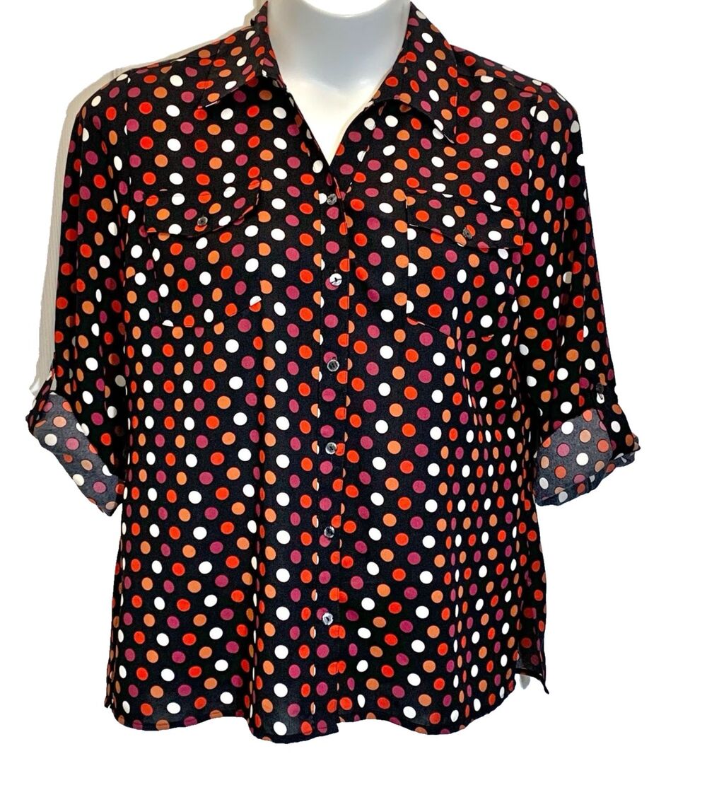 Elementz Blouse Womens Size Large Black Polka Dot Button Up Long Roll-Tab Sleeve
